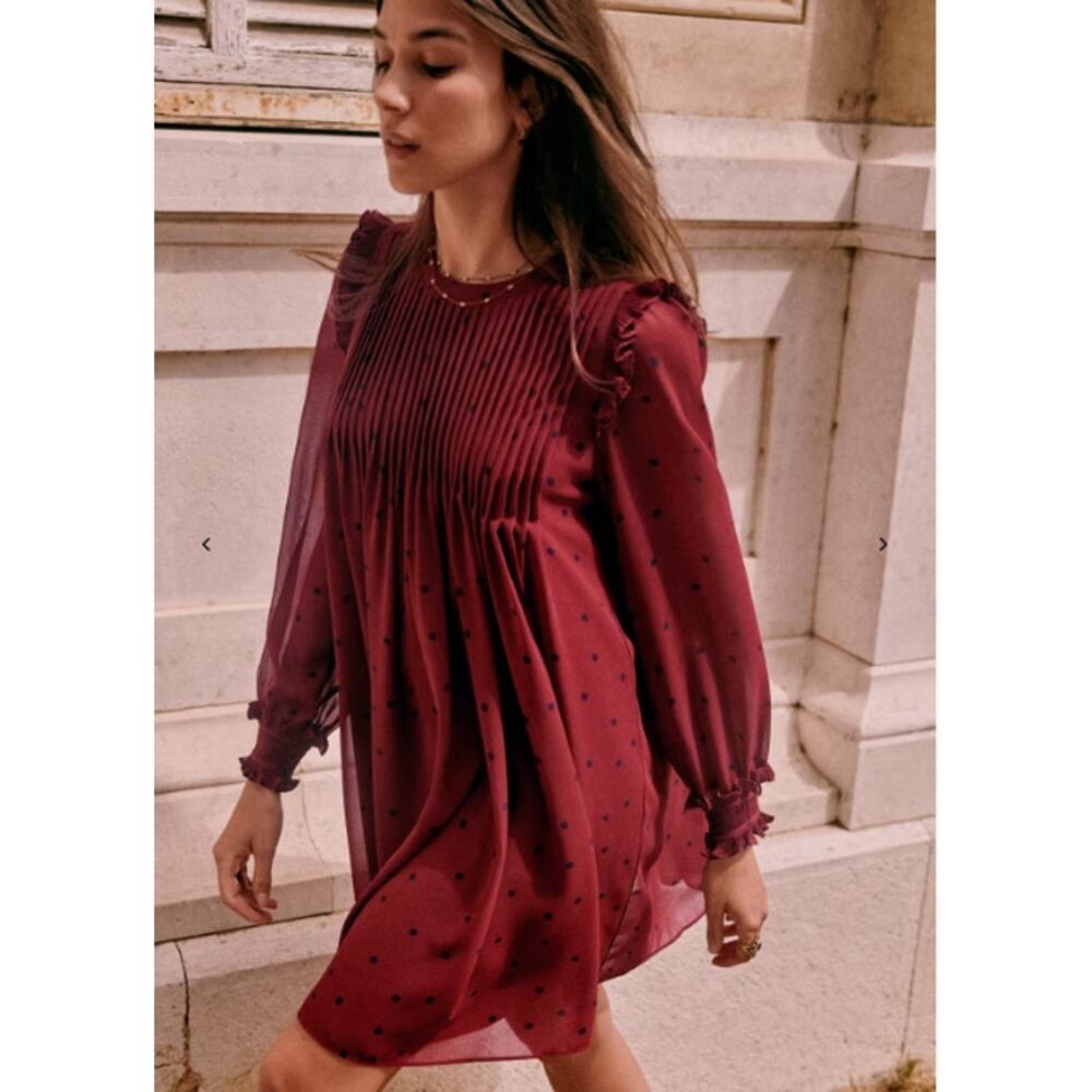 Sezane Burgundy Mini Dress with Black Polka Dots